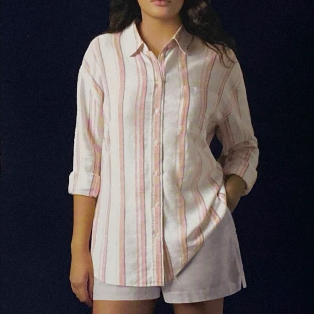 GAP Ladies Lightweight Long Sleeve Collared Linen Blend Button Down Top, Multi